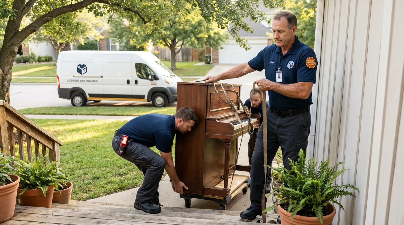 Licensed piano movers securing grand piano in Little Falls, NJ