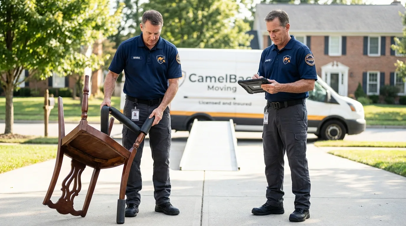 Movers inspecting furniture for damage prevention before loading in Little Falls, NJ