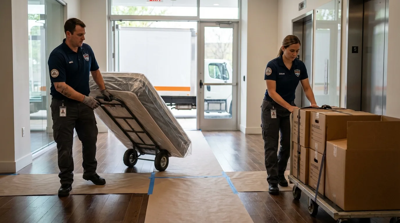 Professional apartment movers loading elevator in Little Falls, NJ